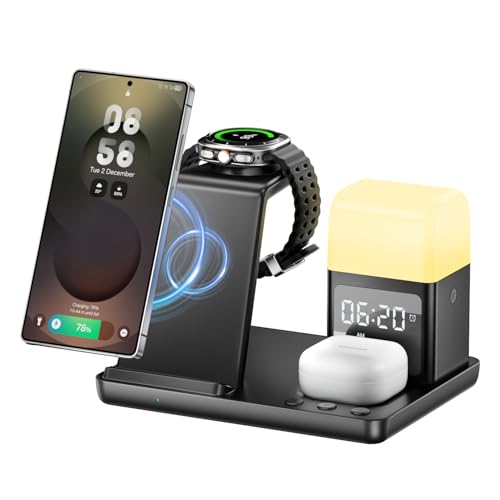 Ya en manzanajugosa.com: Estación de Carga inductiva 6 en 1, Cargador inalámbrico de 15 W con Despertador y luz Nocturna, Cargador inalámbrico Compatible con Samsung Galaxy S25/24/Galaxy Buds3/Galaxy Watch,iPhone 16/15