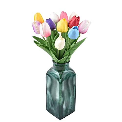 10 Pcs Tulips Artificial Flowers Faux Tulips Real Touch Long Stem Fake Tulips Bouquet For Home Office Wedding Table Decor 13.4" Tall (Light Blue) #TOP2