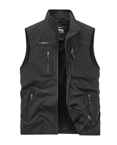 Oralidera Herren Outdoor Weste mit Vielen Taschen Anglerweste Safariweste Jagdweste Multifunktionsweste Freizeit Ärmellose Jacke Leicht Sommer Weste, Schwarz, L