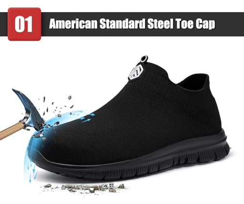 LARNMERN Slip On Steel Toe Shoes Men Women Comfortable Lightweight Work Safety Sneakers Running Walking Tennis Casual Construction Shoes,Black2