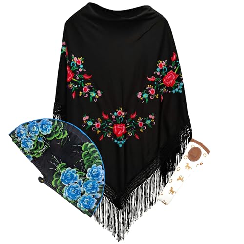 Planta Color Mantón Negro con Bordado de Flores, Abanico de Madera con Flores Pintadas a Mano y Funda Artesanal Hecha en España - Elegancia y Tradición Española para Fiestas y Eventos (Negro 2)