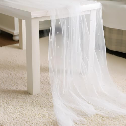 VOSSOT Camino de Mesa con Perlas 310×80cm, Mantel Tul Blanco con Perlas Cosidas, Camino Mesa Boda Elegante para Comunión, Caminos de Mesas Tul Blanco Decoración Boho Chic, Reutilizable y Sofisticado