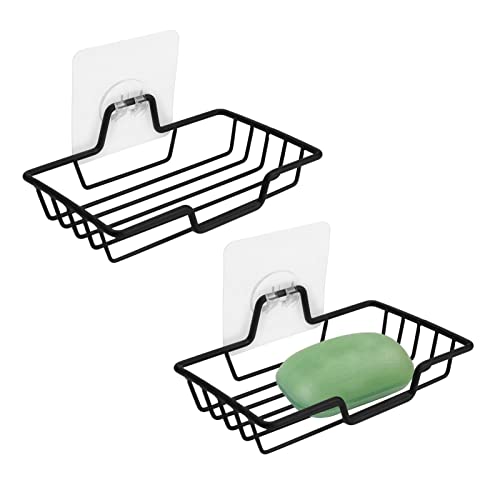 QOTSTEOS 2pcs Soap Dish with Suction Cup, Stainless Steel Soap Dish Holder, Wall Mounted Vacuum Soap Holder, for Shower Bathroom Tub, Kitchen Sink, Waterproof and Rustproof(Black)
