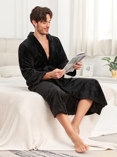 RONGTAI Bathrobe for Men, Long Shawl Collar Robe, Plush Fleece Fabric, Side Pockets, Warm and Cozy Sleepwear (Black, M), Medium3
