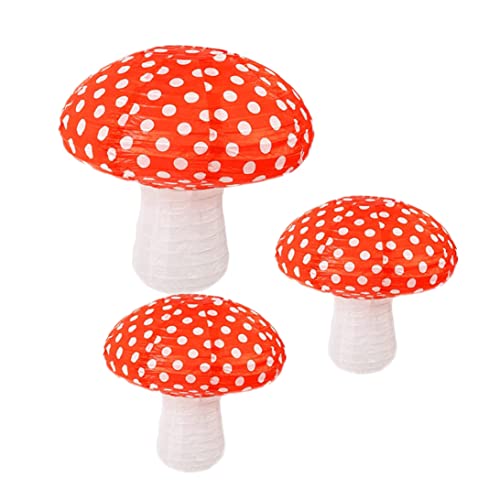 3Pcs Mushroom Paper Lanterns, 3D Mushroom Hanging Ornament for Wonderland Jungle Forest Themed Birthday Party Wedding Nursery Decor (Red, 3 Pack)