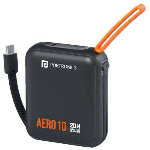 Portronics Aero 10 10000 mAh 20W Fast Charging Mini Power Bank with Detachable Type C Cable, Type C PD Input/Output Port, LED Indicator, Wake Up Button, Strong Lanyard, Light Weight (Black)