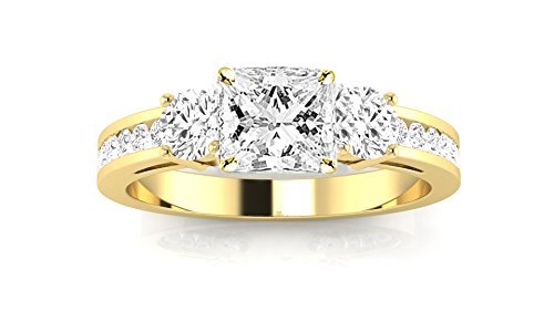 14K White Gold 1.75 Carat LAB GROWN DIAMOND Channel Set 3 Three Stone Princess Cut Diamond Engagement Ring (G-H Color VS2-SI1 Clarity 1 Ct Center)