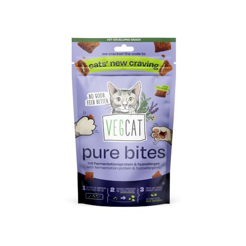 VEGCAT Pure Bites - Snack hipoalergénico para gatos (1 x 60 g) | Almohada crujiente sin carne rica en proteínas | con un 20% de proteína de fermentación innovadora y taurina