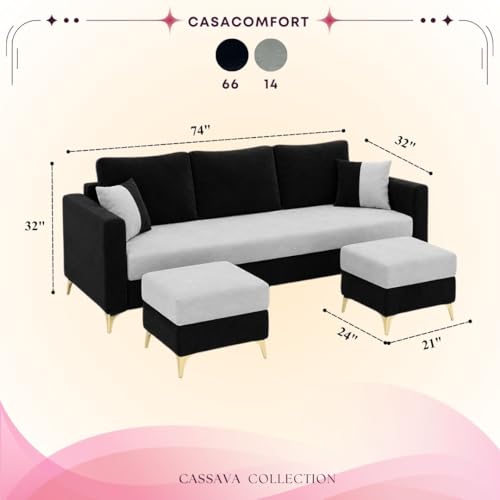 Image of Classiq Rich 5 Seater L Shape Sofa Set with 2 Movable Ottomans | Flexible Layout | Rich Velvet Suede Fabric | Silver Legs | Dual Tone Modern Sofa for Living Room (Black-Light Grey)