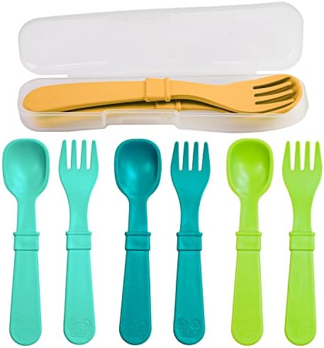RE-PLAY Made in USA 8pk Toddler Feeding Utensils Spoon and Fork Set | Made from BPA Free Eco Friendly Recycled Milk Jugs - Virtually Indestructible | Dishwasher Safe | Aqua Asst | With Case