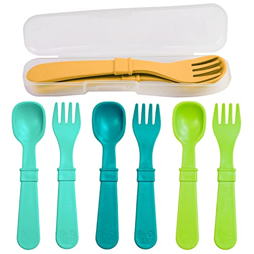 Re-Play Made In Usa 8Pk Toddler Feeding Utensils Spoon And Fork Set | Made From Bpa Free Eco Friendly Recycled Milk Jugs - Virtually Indestructible | Dishwasher Safe | Aqua Asst | With Case #TOP8