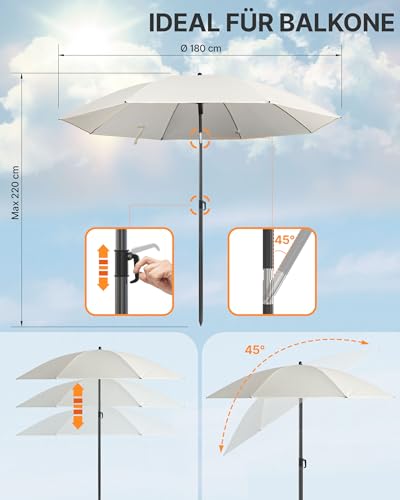 4smile Sonnenschirm Balkon Ø 180cm, Beige - Sonnenschirm Strand mit Hülle - Balkonschirm mit Knickfunktion, UPF 50+ Gartenschirm, Strandschirm windfest stabil SunnyJoy 5
