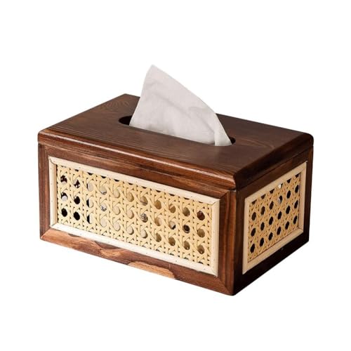 Mskidand Caja de pañuelos de ratán de madera maciza, cajón de papel para el hogar, dormitorio, sala de estar, color marrón