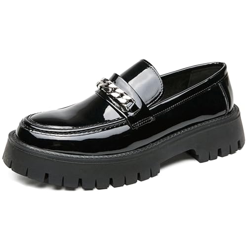 Men's Dress Loafers Fashion Patent Leather Chunky Heel Tuxedo Shoes with Chain Decor,Lug Sole Platform Non-Slip Comfort Slip-On Business Loafer Shoes for Work Office