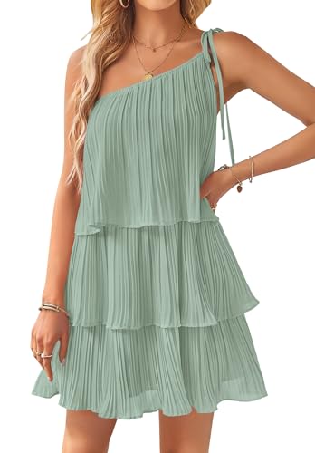 ZESICA Women's Boho Summer One Shoulder Sleeveless Ruffle Tiered Layered Chiffon Pleated A Line Flowy Mini Dress,Sage,Medium