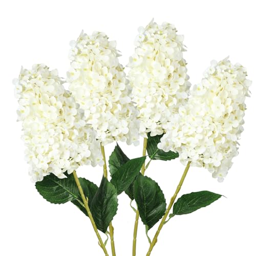 GrainBuds 4 flores artificiales de hortensias blancas, tallo largo de 33.5 pulgadas, flores de seda cónicas de tacto real, para decoración de arreglos florales de jarrón alto, granja familiar, oficina