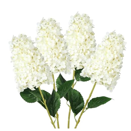 GrainBuds 4pcs White Hydrangea Artificial Flower, 33.5" Long Stem Real Touch Conical Fake Hydrangea Silk Flowers, for High Vase Flower Arrangements Decoration, Family Farmhouse, Hotel Decor (White)