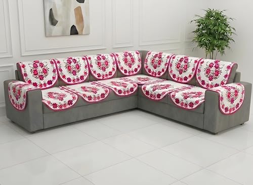 Image of Fab Nation Sofa Cover L Shape 5 Seater with Corner L Type Fully Covered Sofa Set for Living Room | Cotton Sofa Slipcovers for 3 + 2 Seaters Cover with 2 Arms | Floral Pink