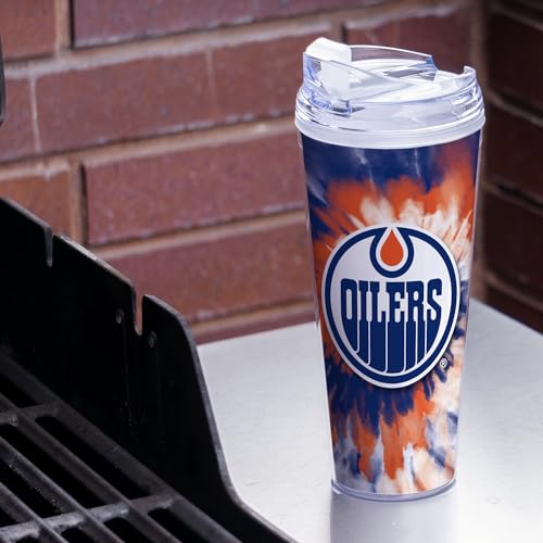 Image of Rico Industries NHL Hockey Team Color Tie Dye 24oz Metallic Acrylic Tumbler with Hinged Lid, Officially Licensed Double Wall Tumbler with Straw
