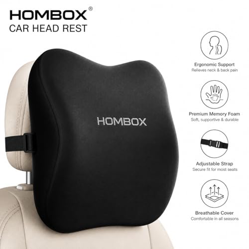 Image of HOMBOX Car Neck Rest Pillow | Ultrasoft Pillow for Comfortable Car Rides | Superior Neck Support Cushion | Relieves Neck Pain | Memory Foam Head Rest Pillow with Washable Velvet Cover | Black
