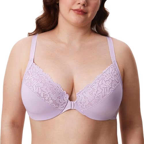 Image of DELIMIRA Women's Front Closure Racerback Bras | Plus Size, Full Coverage, Lace, Underwire, No Padding Unlined