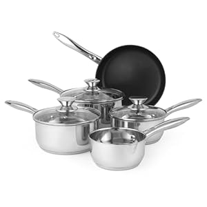 Russell Hobbs BW06572 Classic Collection 5 Piece Pan Set, 14/16/18/20/24 cm, Stainless Steel, Non-Stick, Suitable for Induction, Gas and Electric Hobs, Includes Tempered Glass Lids, 5 Year Guarantee