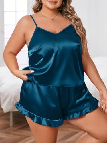 Image of SOLY HUX Women's Plus Size Silk Satin Pajama Set Cami Top and Ruffle Hem Shorts Lounge Sleepwear