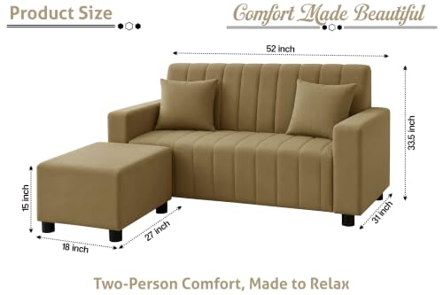 Image of Rosebell 2 Seater Sofa with Ottoman | Living Room Couch | with Cushions | Sofa for Home, Apartment & Office-Golden Color