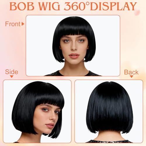 Image of MEEZY 2 Pcs Colored Bob Wigs with Bangs Black Orange for Women, Colorful Neon Fun Short Bob Wig with Heart Sunglasses Hair Cap for Halloween Costume Cosplay Photography Birthday Bachelorette Party