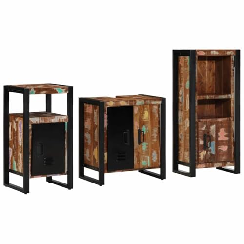 Foknhdi Juego de muebles de baño de 3 piezas de madera maciza reciclada, 55 x 35 x 60 cm, varios colores, herrajes de hierro negro, serie de muebles de diseño moderno con espacio de almacenamiento