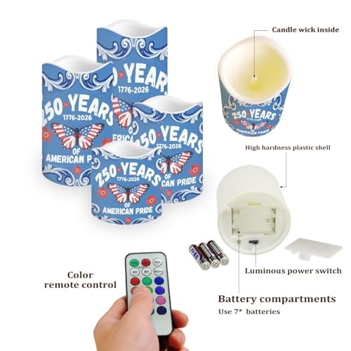 Image of 1776-2026 LED Candles 250th Anniversary Butterfly Pattern Battery Operated Flickering with Timer 4th of July American Pride Decor for Independence Day Living Room, 4 Pack
