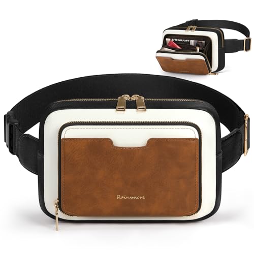 RAINSMORE Pochetes para mulheres, bolsa de cinto de couro para todos os lugares, bolsa transversal com alça ajustável, bolsa de peito retrô, Preto e marrom com branco, Medium