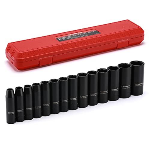 CASOMAN 1/2-Inch Drive Deep Impact Socket Set, 14 Pieces Set, 10mm-27mm, CR-MO, Metric, Heavy Duty Storage Case DEEP(CR-MO)