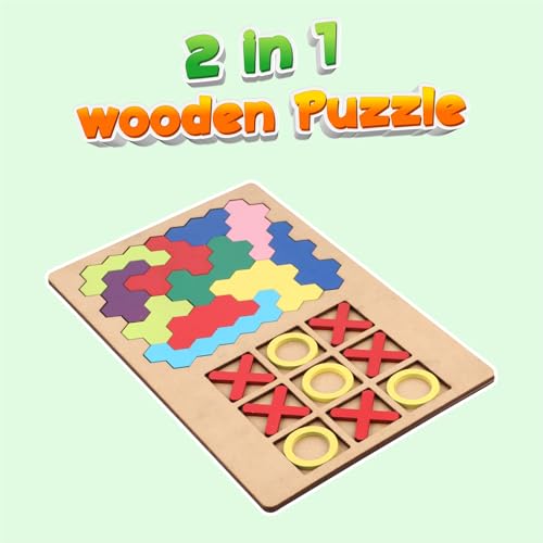 Image of SPARTAN KIDS 3D Wooden Hexagon Puzzle & Classic Tic Tac Toe Game - Montessori Educational Toy for Kids, Creative Shape Pattern Block, Two-in-One Early Learning Toy
