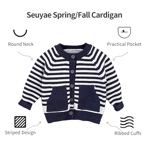 Image of Baby Boy Girl Cardigan Knit Striped Round Neck Button Pockets Sweater