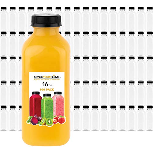 Stock Your Home 16 Ounce Plastic Bottles with Caps, Drink Containers with Lids, Reusable Bottles for Juicing, Smoothie Bottles with Lids, Plastic Bottles for Drinks, Juice Bottles 16oz 100 Count