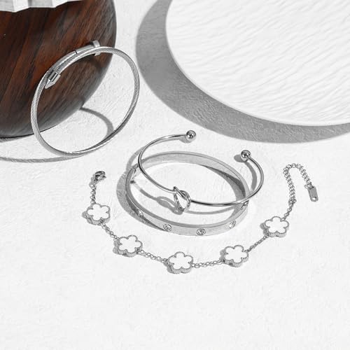 Womens 4Pcs Stackable Floral Gold Bracelets Stainless Steel Bangle Bracelets Non Tarnish Silver Set Trendy Jewelry Gifts for Womens4