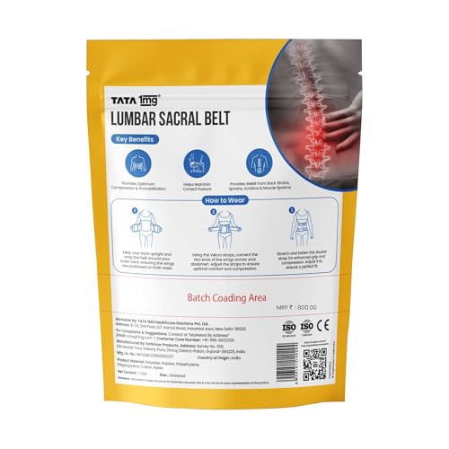 TATA 1MG Lumbar Sacral Belt for Relief from Back Pain and Muscle Spasms | With 5 Flexible Splints for Optimal Lower Back and Waist Support | For Men and Women | Universal Size | Pack of 1