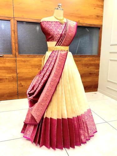 ZITON Women's Indian Traditional Kanjivaram Silk Pure Weaving Lehenga Choli Along With Dupatta And Blouse Piece, Half Saree (Unstitched)