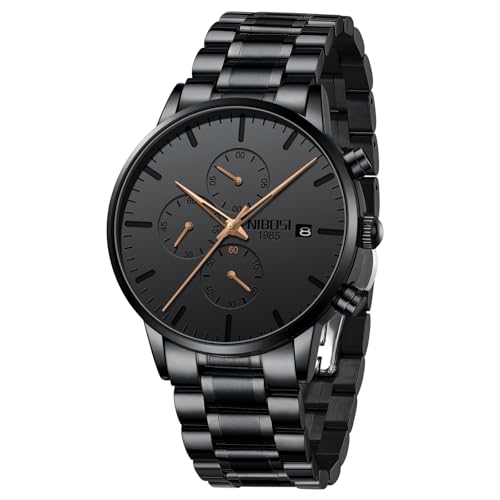 Image of NIBOSI Men's Watches Analog Minimalist Black Dial Watch for Man Business Chronograph Casual Watches Stainless Steel Strap Date