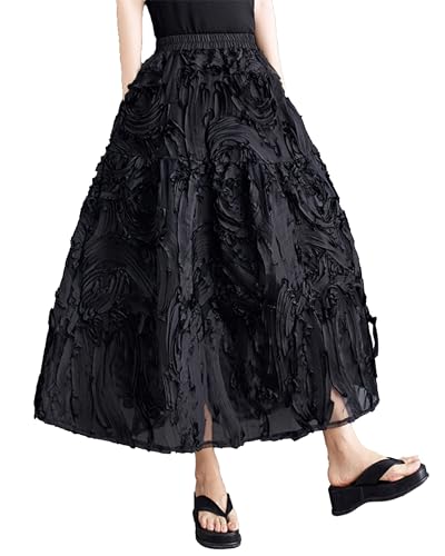 ellazhu Women's Skirt Pleated Loose Tulle A-line Summer GZ206 A