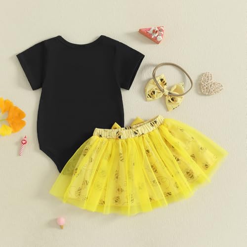 Baby Girl First Birthday Outfit Bee Goose Print One Romper+Tulle Tutu Skirt+Headband+Socks 4Pcs 1st Birthday Dress4