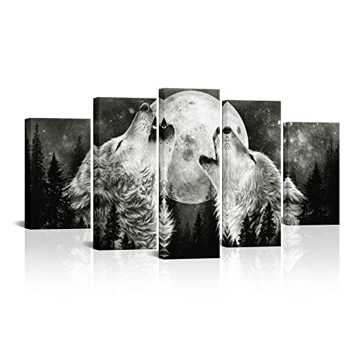 Lovehouse Large Wolf Canvas Wall Art Decor 5 Panel Wild Animal Picture Full Moon Landscape Painting Artwork Gallery Wrapped Stretched Modern Living Room Bedroom #TOP18