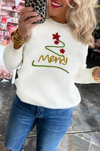 Image of LEMAFER Women 2026 Merry Christmas Round Neck Sequin Letters Sweater Casual Solid Slogan Long Sleeve Pullover Sweatshirt Tops