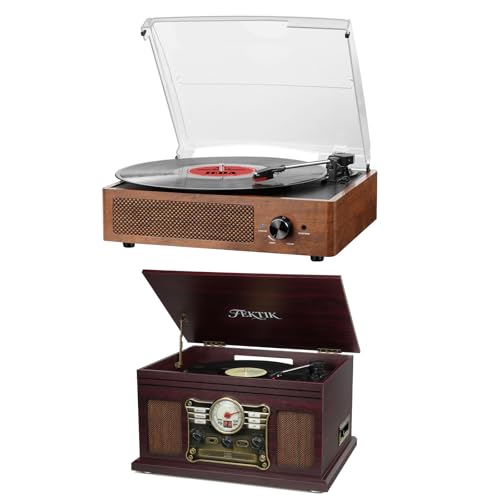 Record Player for Vinyl with 2 Build-in Speakers LP Vinyl Players Belt-Driven Vintage Turntables 3 Speed 3 Size, Wireless Bluetooth Playback, AUX-in, RCA Out, Headphone, Auto Stop Orange
