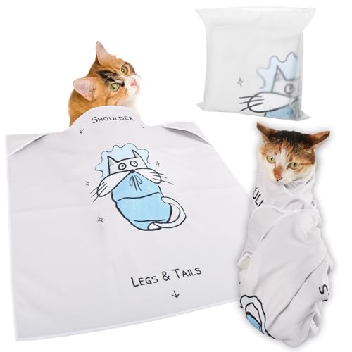 Cat Grooming Wrap: Premium Cat Wrap for Cutting Nails 2025 Thicker Upgraded, Self-Adherent Texture Hand Pocket Designed for Anti-Bite/Scratch, Eco-Friendly Dyed Funny Instruction & Pattern (Size L)