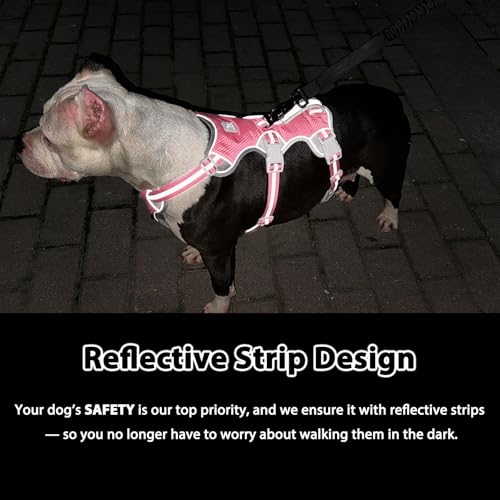 Image of Huntboo Escape Proof Dog Harness, Escape Artist Harness, Reflective Harness with Padded Handle, Breathable, Durable, Adjustable Vest for Medium Dogs Walking, Training, and Running Gear (Pink,L)