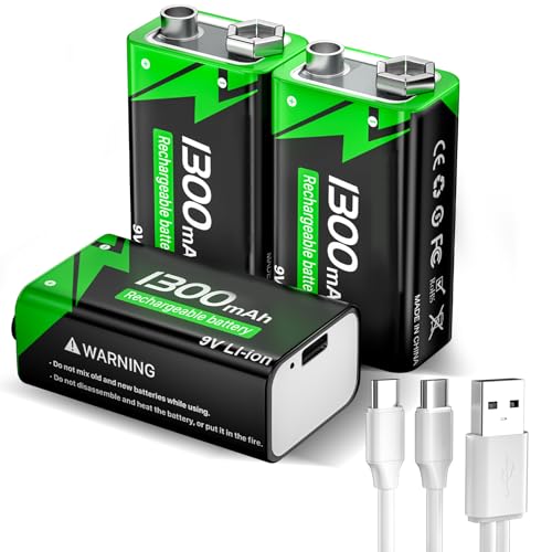Batería recargable de 9 V, 1300 mAh de iones de litio con cable de carga rápida USB-C, ideal para detectores de humo, alarmas, micrófono, multímetro, etc. (3 unidades)