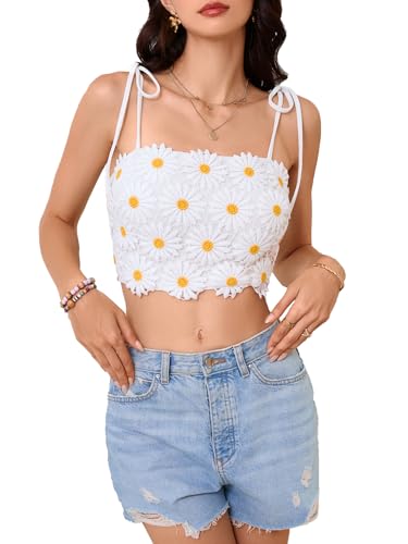 WDIRARA Women's Boho Daisy Floral Guipure Crop Top 3D Flower Tie Shoulder Square Neck Cute Cami Top3
