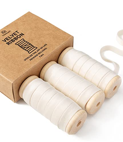 Vitalizart Set de Cinta de Terciopelo Marfil Blanco 0.95 cm x 13.7 m con Carrete de Madera, Cinta de Tela 3 Rollos*4.57 m para Adornos Navideños, Manualidades y Coronas de Regalo